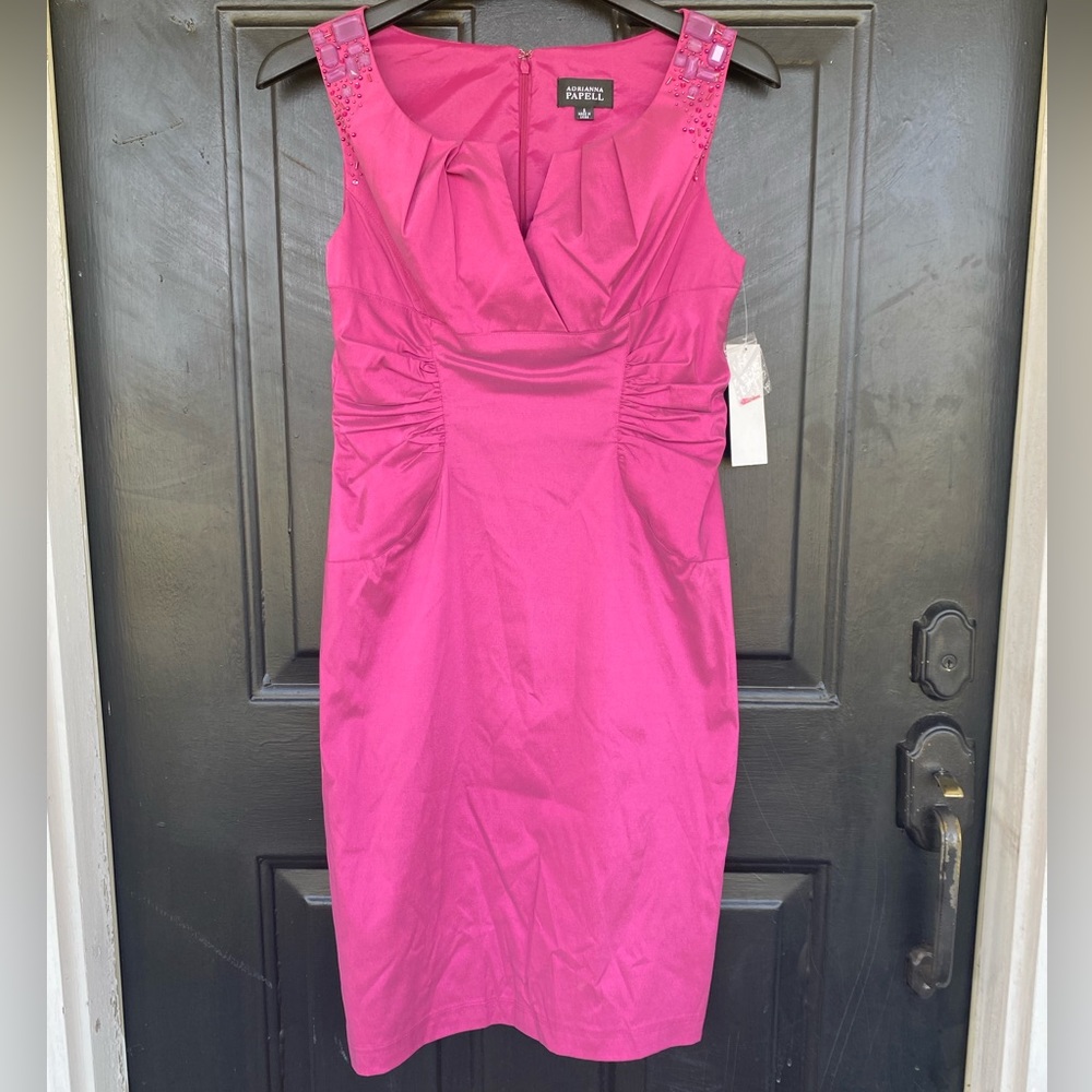 Adrianna Papell Raspberry Taffeta Sheath Midi Dress sz 6 Pleated Formal Cocktail